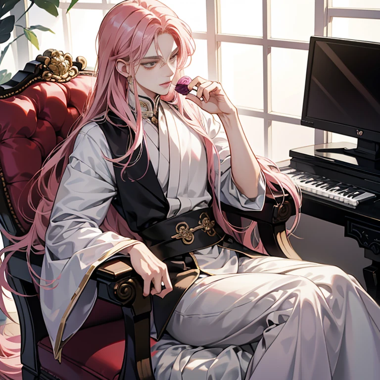 Anime boy with long pink hair, sitting majestically on a chair, holds a fragile rose between his slender fingers. His ethereal appearance is inspired by the character portraits of Hiro Yamagata, showcased on pixiv. With a neo-romanticism aesthetic, this beautiful androgynous prince radiates an air of sophistication and mystery. Demon slayer art infuses his handsome visage, with sharp lines and dynamic shadows enhancing his allure.

Elegant anime key visuals embrace this delightful scene, as the delicate and androgynous prince's eyes convey an enchanting mix of longing and love. His well-groom