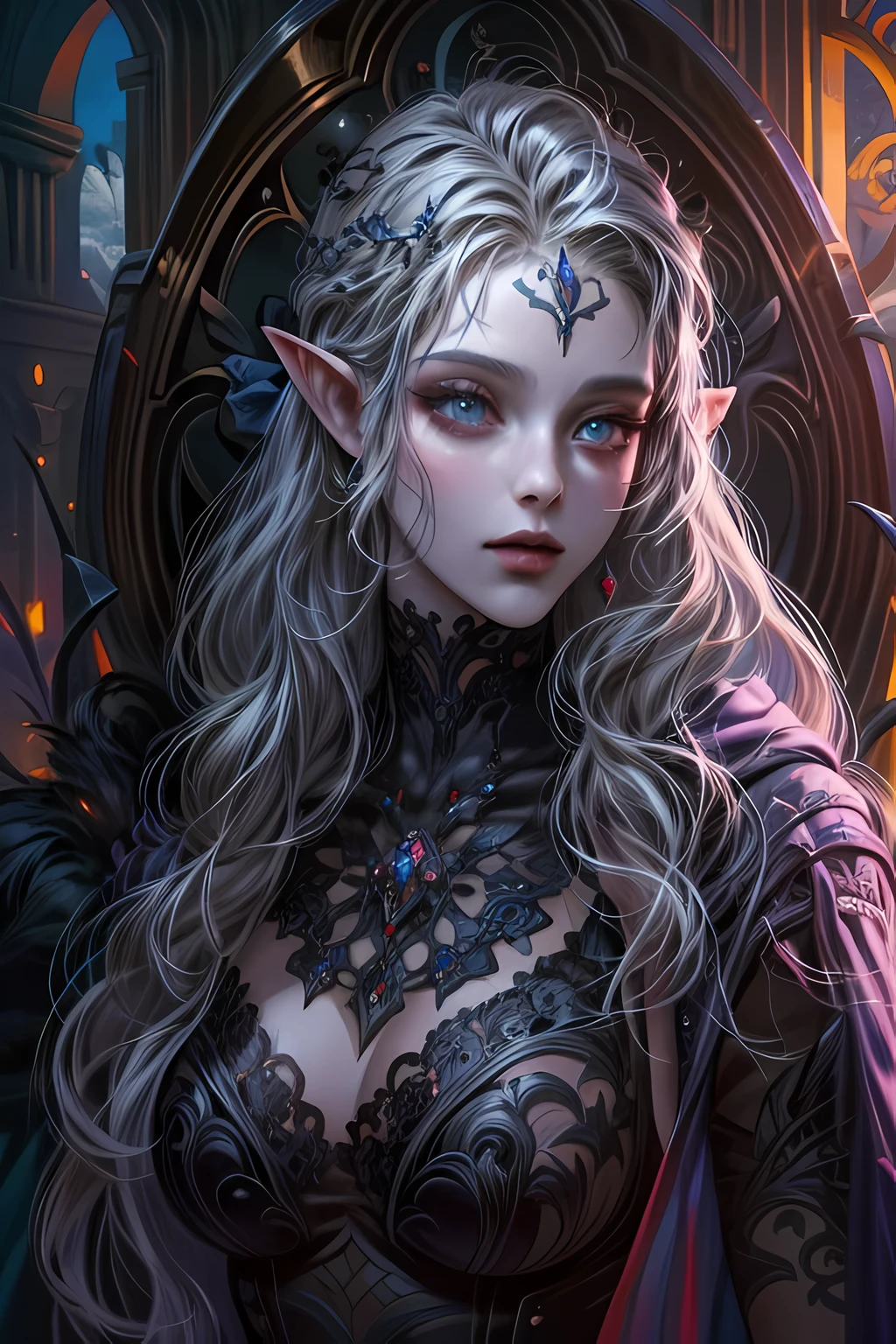 fantasy art, gothic art, (masterpiece:1.5), full body best details, highly detailed, best quality, Glowing Purple, highres, full body portrait of a vampire, elf (Masterpiece, best quality: 1.6), ultra feminine, wizard, (intricate details, Masterpiece, best quality: 1.5) with a long curvy hair, light color hair, blue eyes, (fantasy art, Masterpiece, best quality), ((beautiful delicate face)), Ultra Detailed Face (intricate details, fantasy art, Masterpiece, best quality: 1.5), [[vampiric fangs 1.5]] (red cloak: 1.3) , flowing cloak (intricate details, fantasy art, Masterpiece, best quality: 1.3), wearing an intricate black dress (intricate details, fantasy art, Masterpiece, best quality: 1.5), high heeled boots, urban background (intense details, beat details), fantasy, at night light, natural ,moon light, clouds, gothic atmosphere, soft light, dynamic light, [[anatomically correct]], high details, best quality, 8k, [ultra detailed], masterpiece, best quality, (extremely detailed), dynamic angle