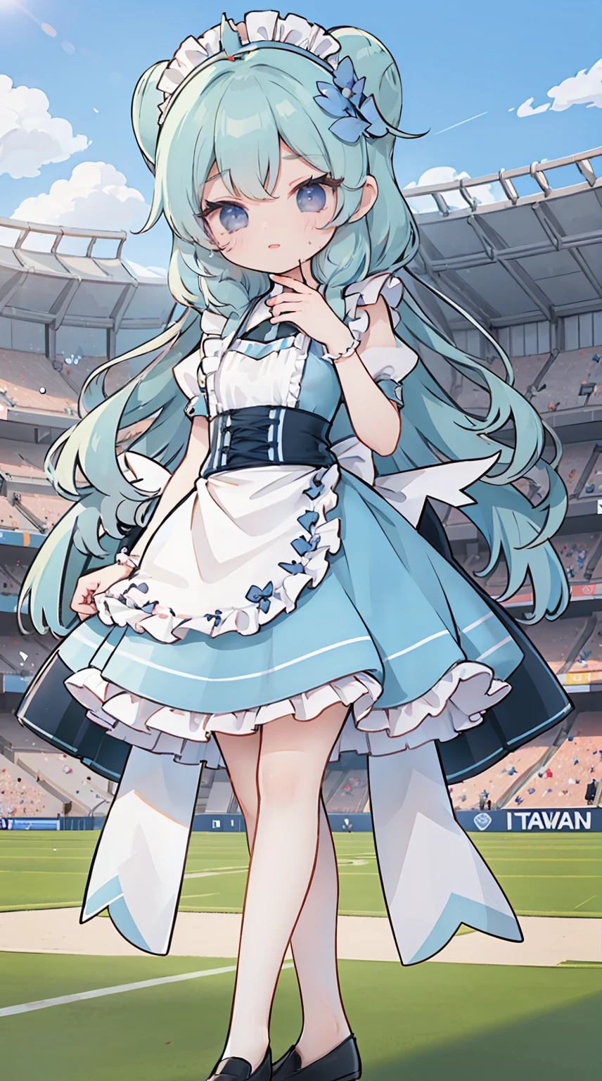 masterpiece, best quality, high resolution, aabeta, double, outdoor, standing, stadium, slim waist, cute, {{{{{pastel blue fluffy puffy dress, (white apron )}}}}}