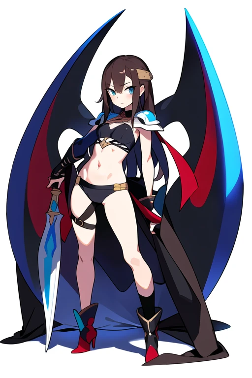stand posture, cute eyes, 1girl, solo, high fantasy costume, ((white background)), full body, holding weapon, crop top, character design, vivid color,
