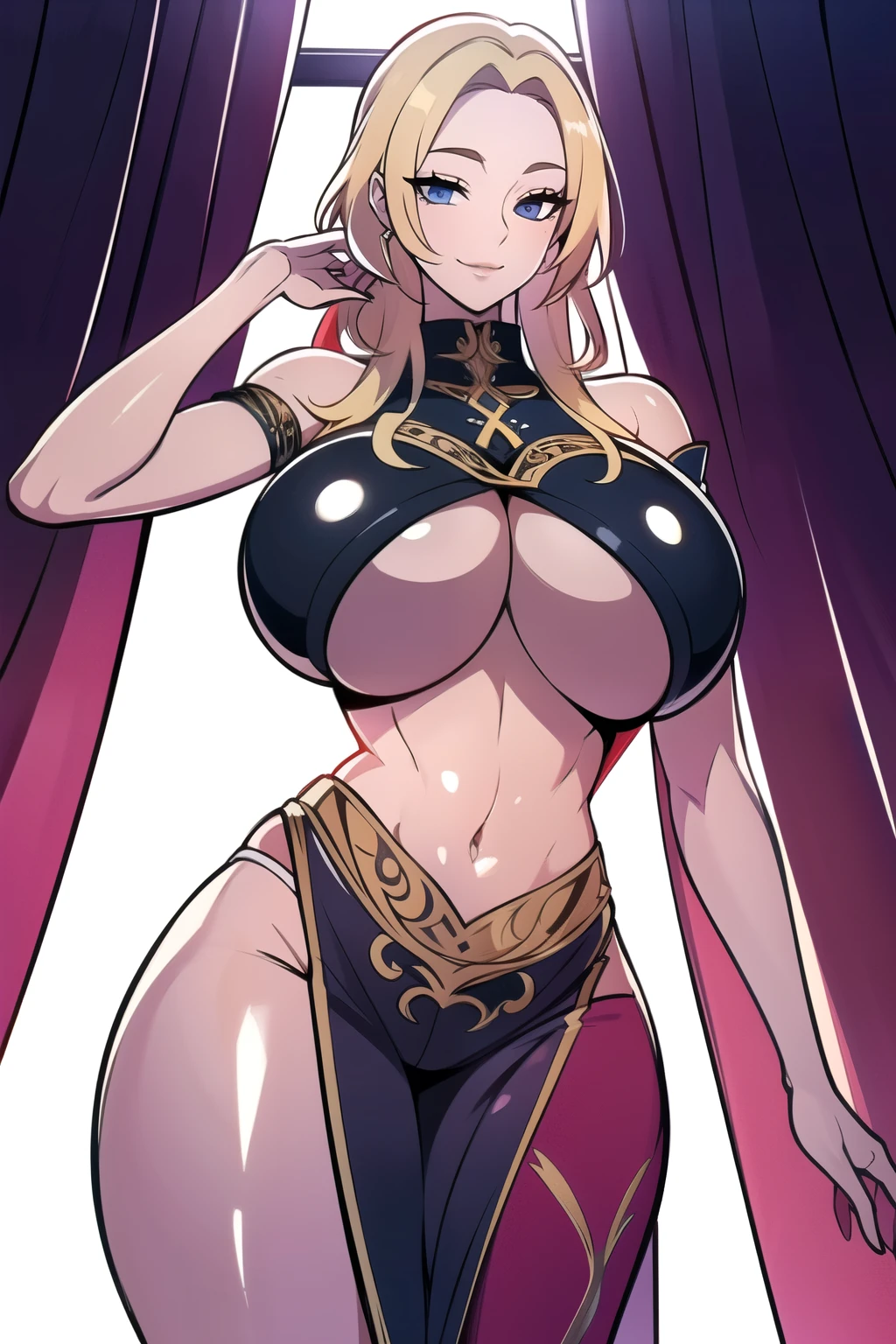 ultra realistic 8k cg, masterpiece, ((ultra detailed background,  intricate detail, highly detailed, fine details best quality, hyperdetailed face)), gigantic breasts ,beautiful lighting, absurdres, BoaHancockV2,  1girl, solo, (blonde hair), long hair, jewelry, closed mouth, ), ( bare shoulders, (arabian dancer outfit: 1.4), (underboob : 1.4), curvy, midriff, curvy, thighs, shiny clothes), blue eyes, indoor, standing in palace), ((cowboy shot)), curvy, (gigantic breasts: 1.1), seductive smile, cowboy shot,