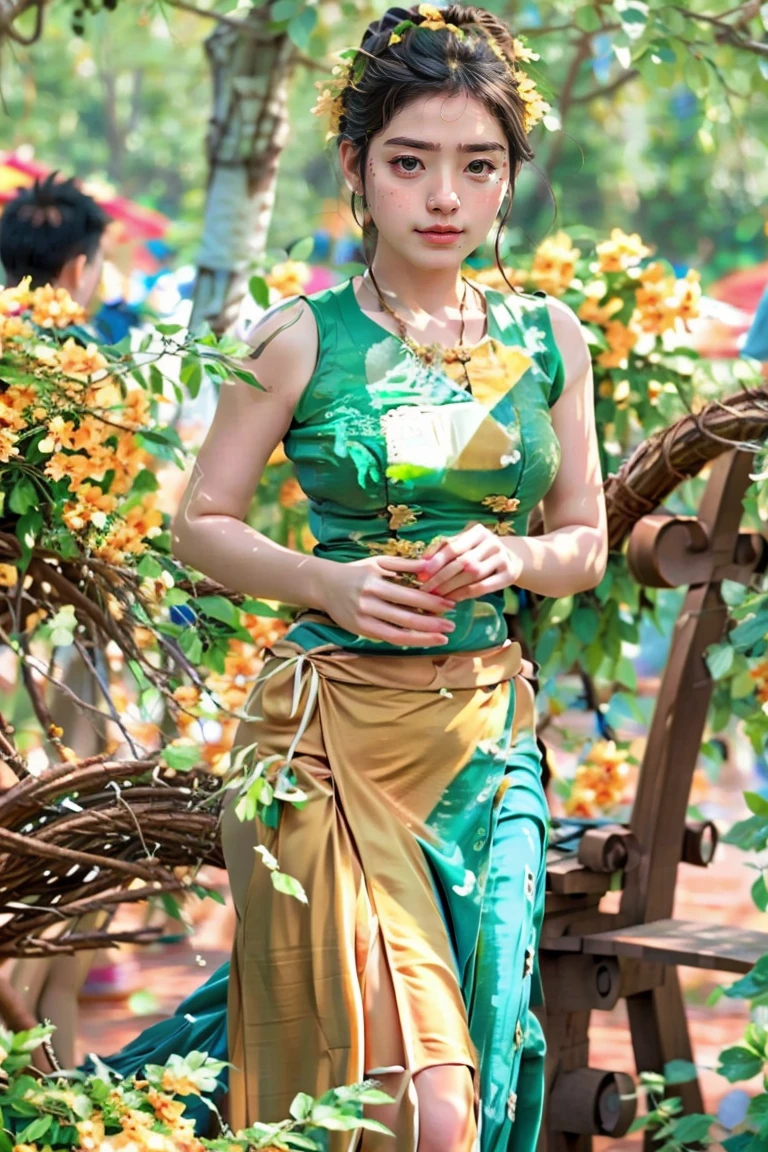Burma's long-lasting body is full of sensuality, and the beauty of the body outline is too revealing. The long skirt she wears highlights her high hips. The beauty under the dress is so beautiful that the eye can see. She wears bright yellow flowers, smiles and water.
