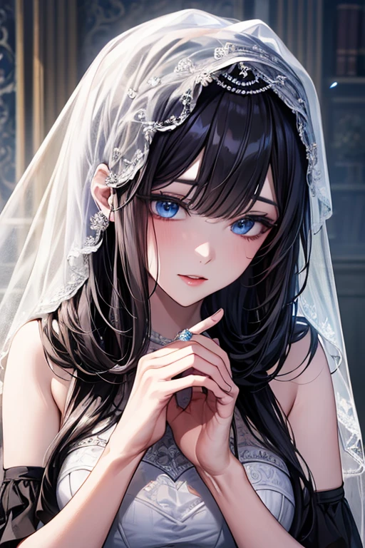 masterpiece, masterpiece_portrait, distinct, distinct_image, high_resolution, highres, high_quality_anime, high_quality, hyper_detail, finely_detailed,4K, YUJU, GFRIEND, KPOP , Wedding Dress, sexy body, ((black hair)), blue eyes, wedding veil, bouquet