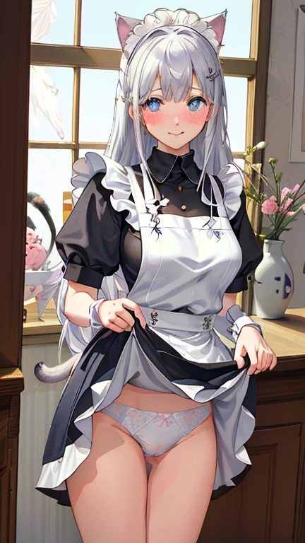 highest quality、masterpiece、((1 girl))、((smile))、(blush:1.5)、black shirt、blouse、((fun!!))、(small breasts)、(Cat ear:1.3)、(silver hair)、()、((white apron:1.5))、((maid))、((hair ornaments)),、Kamimei、look at me、 ((in house:1.5))、 Take a break to watch the audience、cowboy shot、(skirt lift:1.3),(highly detailed white panties:1.3)、(highly detailed panties:1.3)、、(スカート that rolls up:1.3)、(fully exposed panties:1.5)、light blue eyes、long hair