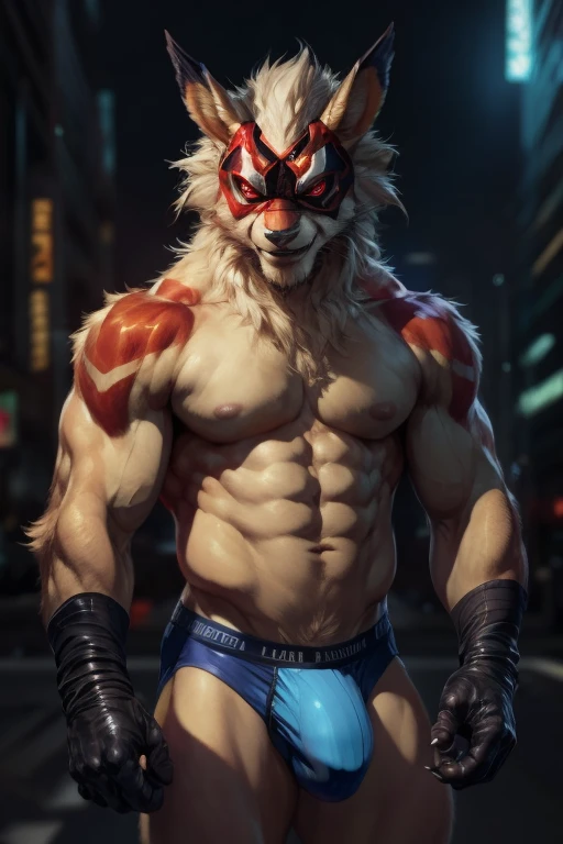 2D, masterpiece, best quality, 4K, RAW photo in HDR, sharp focus, photo realism ,real life like, in a night city, detailed background, solo, (gloves, mask), (by null-ghost, by thebigslick, by darkgem, by honovy), Leomon anthro, male focus, perfect red eyes, lighting eyes, (luminescent eyes), (underwear), sexy, Full View, Villain, Bad Guy, Evil, smirk, crazy, claws, fire, penis shaped bulge, chiseled abs.