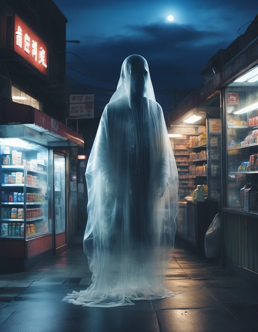 (best quality,highres:1.2),ultra-detailed,realistic:1.37,a transparent ghost in midnight convenience store,desolate,loneliness,darkness,barren land,eerie,mysterious,dreadful,ominous,haunting,dreary,uninhabited,(((dark sky))),photo of a transparent ghost,Gothic Dark Art,midnight,It was pitch black all around,Mystery Convenience Store,Dark City,,desolate,Strange,mystery,Gothic,