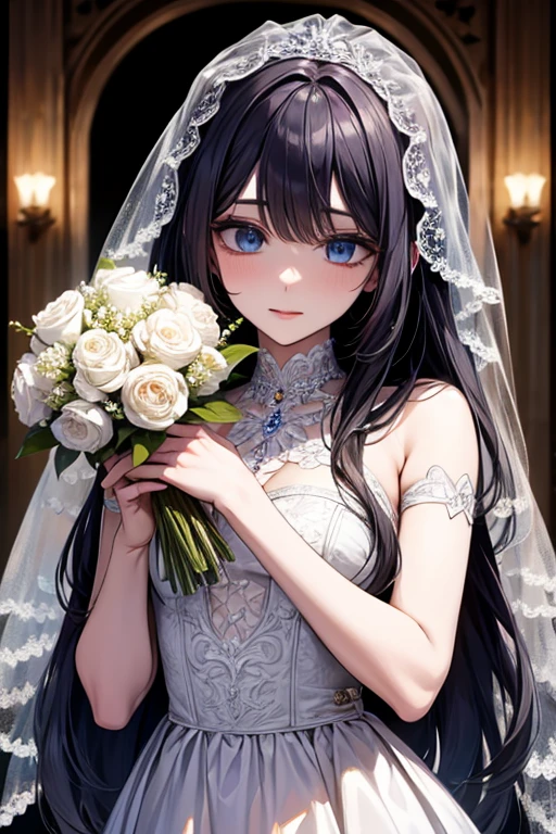 masterpiece, masterpiece_portrait, distinct, distinct_image, high_resolution, highres, high_quality_anime, high_quality, hyper_detail, finely_detailed,4K, YUJU, GFRIEND, KPOP , Wedding Dress, sexy body, ((black hair)), blue eyes, wedding veil, bouquet