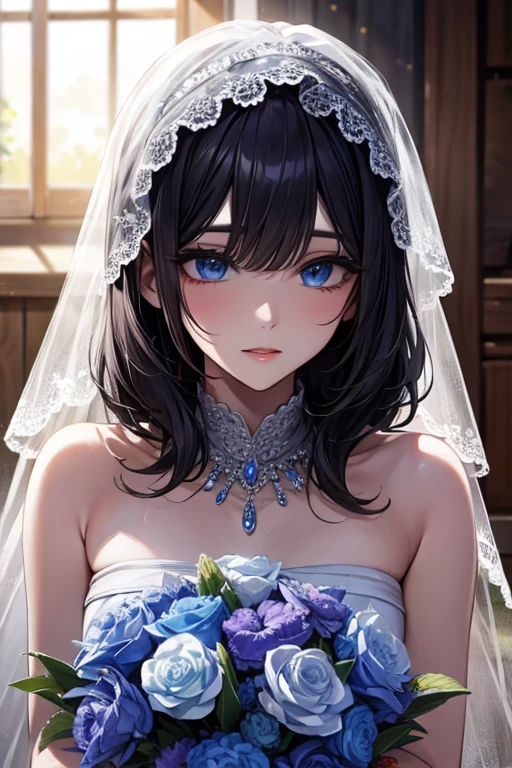 masterpiece, masterpiece_portrait, distinct, distinct_image, high_resolution, highres, high_quality_anime, high_quality, hyper_detail, finely_detailed,4K, YUJU, GFRIEND, KPOP , Wedding Dress, sexy body, ((black hair)), blue eyes, wedding veil, bouquet