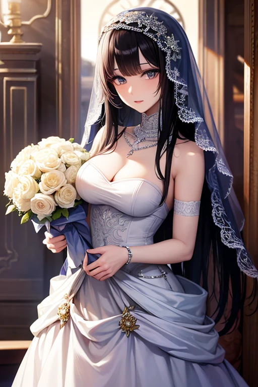 masterpiece, masterpiece_portrait, distinct, distinct_image, high_resolution, highres, high_quality_anime, high_quality, hyper_detail, finely_detailed,4K, YUJU, GFRIEND, KPOP , Wedding Dress, sexy body, ((black hair)), blue eyes, wedding veil, bouquet