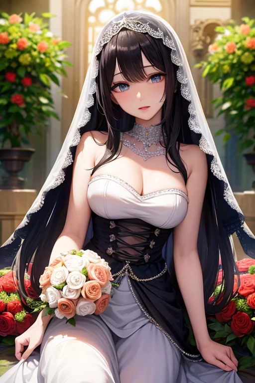 masterpiece, masterpiece_portrait, distinct, distinct_image, high_resolution, highres, high_quality_anime, high_quality, hyper_detail, finely_detailed,4K, YUJU, GFRIEND, KPOP , Wedding Dress, sexy body, ((black hair)), blue eyes, wedding veil, bouquet