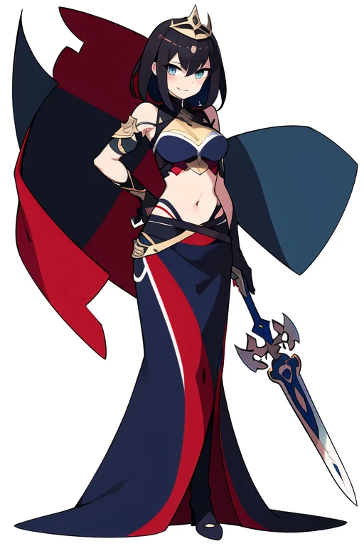 stand posture, cute eyes, 1girl, solo, high fantasy cloth, ((white background)), full body, holding weapon, crop top, character design, vivid color,
