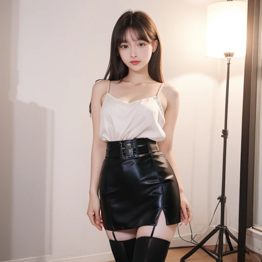 1girl, cute, 16 years old, seductive expression, look at viewer, spaghetti strap top ,high waist pencil skirt, photo, realistic, best quality, hires, detailed face, detailed background, diffused lighting, depth of field, bokeh, thighhighs, full body 