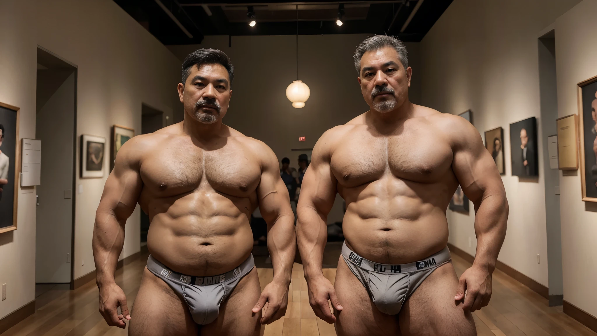 2 Vietnamese grandfathers with gray hair,  face, a thick gray mustache, a short gray chin beard, bear body, wearing a massive bulging gray jockstraps stand in museum, have belly, big muscular chest, a sexy p, show underwear.
