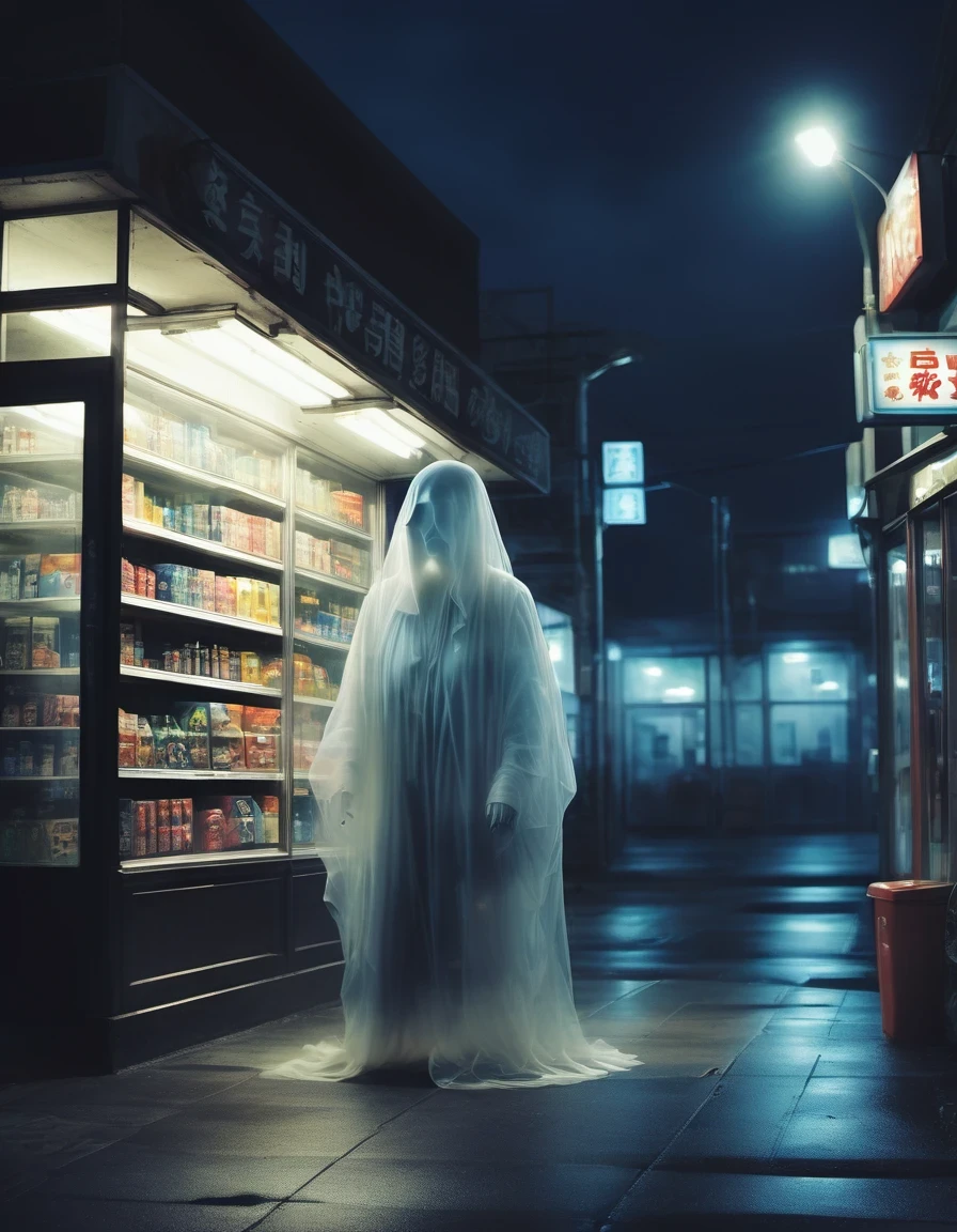 (best quality,highres:1.2),ultra-detailed,realistic:1.37,a transparent ghost in midnight convenience store,desolate,loneliness,darkness,barren land,eerie,mysterious,dreadful,ominous,haunting,dreary,uninhabited,(((dark sky))),photo of a transparent ghost,Gothic Dark Art,midnight,It was pitch black all around,Mystery Convenience Store,Dark City,,desolate,Strange,mystery,Gothic,
