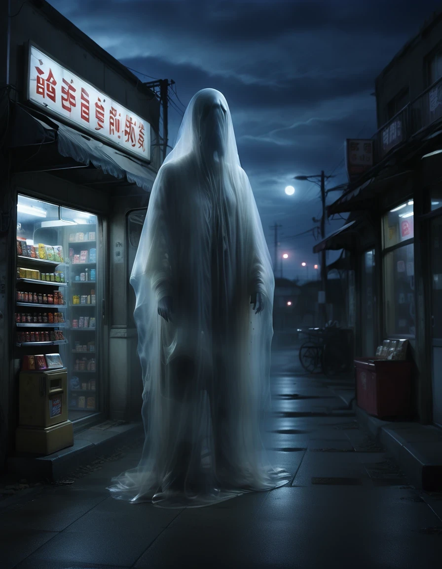 (best quality,highres:1.2),ultra-detailed,realistic:1.37,a transparent ghost in midnight convenience store,desolate,loneliness,darkness,barren land,eerie,mysterious,dreadful,ominous,haunting,dreary,uninhabited,(((dark sky)))，photo of a transparent ghost，Gothic Dark Art,midnight,It was pitch black all around,Mystery Convenience Store,Dark City,,desolate,Strange,mystery,Gothic,