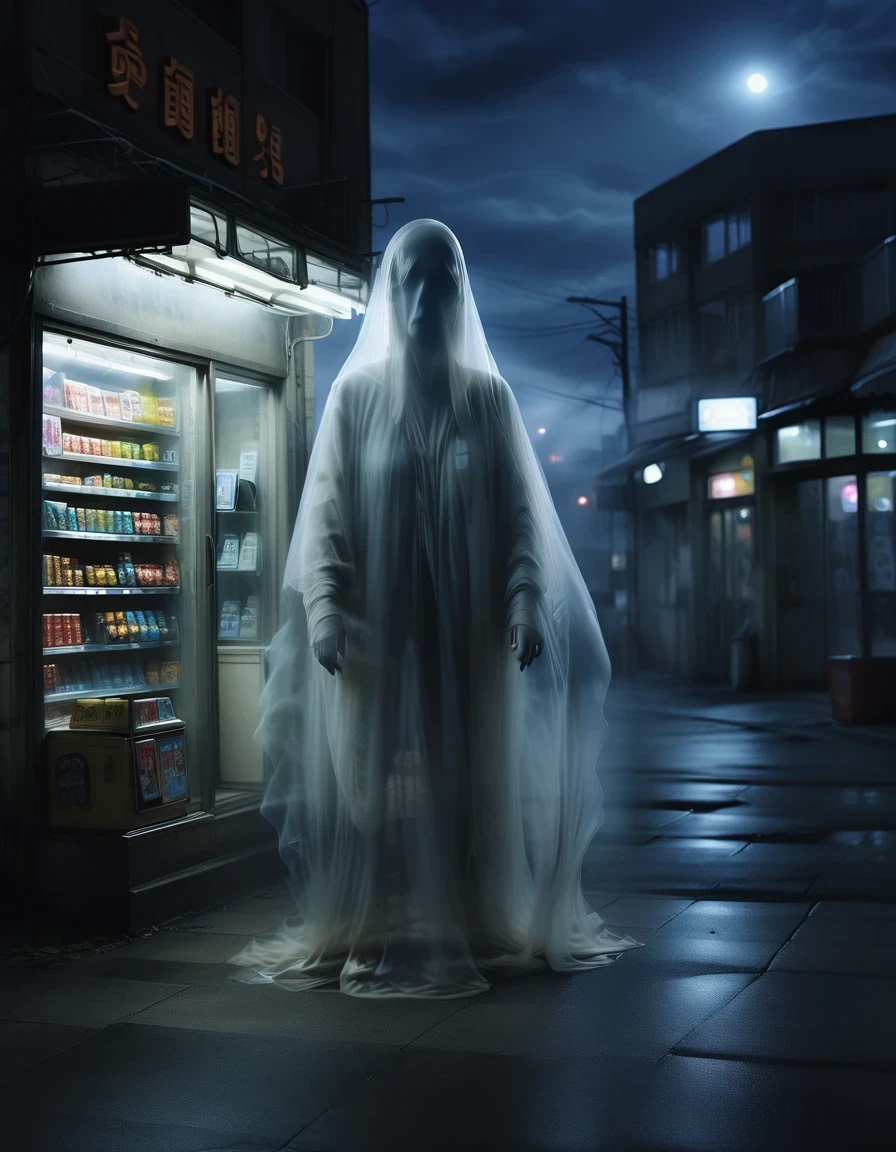(best quality,highres:1.2),ultra-detailed,realistic:1.37,a transparent ghost in midnight convenience store,desolate,loneliness,darkness,barren land,eerie,mysterious,dreadful,ominous,haunting,dreary,uninhabited,(((dark sky))),photo of a transparent ghost,Gothic Dark Art,midnight,It was pitch black all around,Mystery Convenience Store,Dark City,,desolate,Strange,mystery,Gothic,
