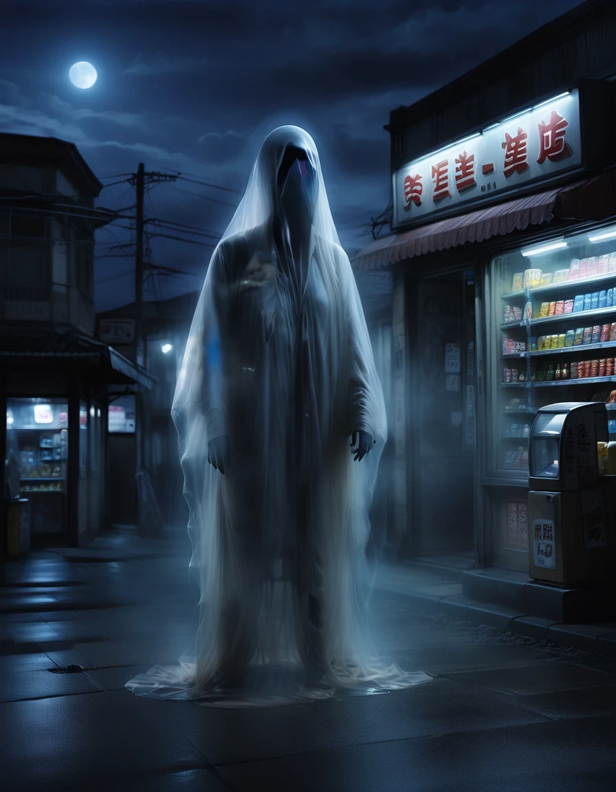 (best quality,highres:1.2),ultra-detailed,realistic:1.37,a transparent ghost in midnight convenience store,desolate,loneliness,darkness,barren land,eerie,mysterious,dreadful,ominous,haunting,dreary,uninhabited,(((dark sky)))，photo of a transparent ghost，Gothic Dark Art,midnight,It was pitch black all around,Mystery Convenience Store,Dark City,,desolate,Strange,mystery,Gothic,