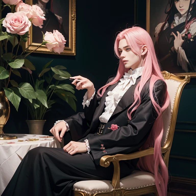 Anime guy with long pink hair sitting on a chair holding a roseの子, beautiful androgynous prince, Demon slayer art handsome man, Elegant anime key visual, delicate and androgynous prince, handsome anime pose, Handsome male vampire, sakimichan frank franzzeta, alucard, Detailed anime original drawing, anime handsome man, detailed anime character art、Anime guy with long pink hair sitting on a chair holding a rose, Character portraits inspired by Hiro Yamagata, pixiv, neo-romanticism, beautiful androgynous prince, Demon slayer art handsome man, Elegant anime key visual, delicate and androgynous prince, handsome anime pose, Handsome male vampire, sakimichan frank franzzeta、very mysterious、highest quality,Ultra high resolution output image), (8K quality),(Image mode Ultra HD),nikon, 8K,whole body、from the front