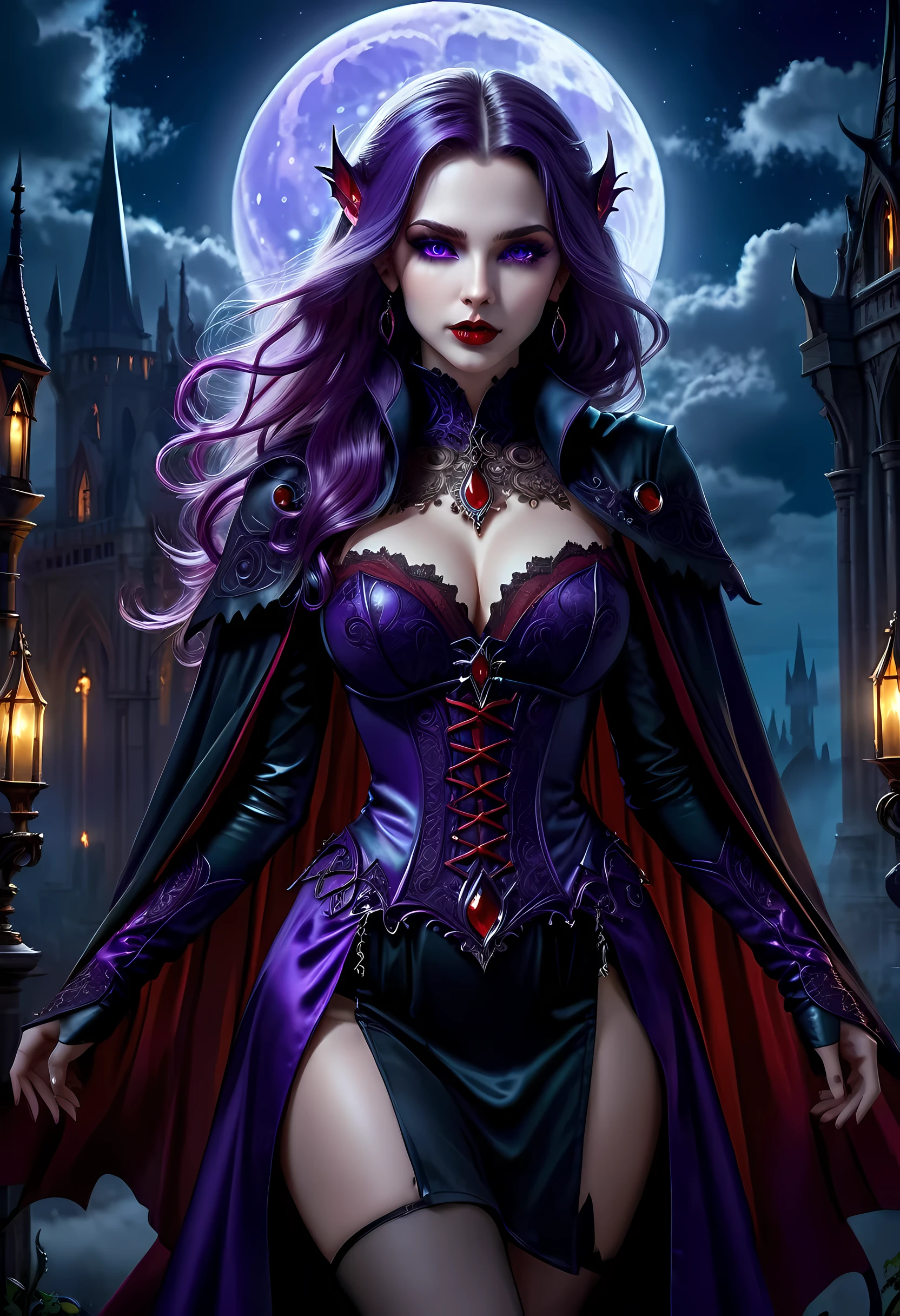 fantasy art, gothic art, (masterpiece:1.5), full body best details, highly detailed, best quality, Glowing Purple, highres, full body portrait of a vampire, elf (Masterpiece, best quality: 1.6), ultra feminine, wizard, (intricate details, Masterpiece, best quality: 1.5) with a long curvy hair, light color hair, blue eyes, (fantasy art, Masterpiece, best quality), ((beautiful delicate face)), Ultra Detailed Face (intricate details, fantasy art, Masterpiece, best quality: 1.5), [[vampiric fangs 1.5]] (red cloak: 1.3) , flowing cloak (intricate details, fantasy art, Masterpiece, best quality: 1.3), wearing an intricate black dress (intricate details, fantasy art, Masterpiece, best quality: 1.5), high heeled boots, urban background (intense details, beat details), fantasy, at night light, natural ,moon light, clouds, gothic atmosphere, soft light, dynamic light, [[anatomically correct]], high details, best quality, 8k, [ultra detailed], masterpiece, best quality, (extremely detailed), dynamic angle