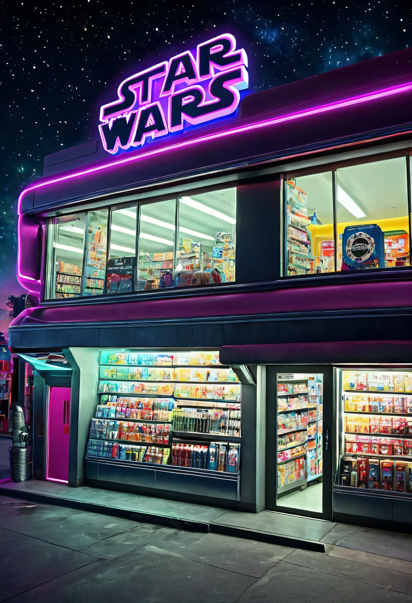 wide long shot:1.7, ((Star Wars style:1.5)), ((large flying midnight convenience store, floating in space, otherworldly, other planet, futuristic, with aliens shopping: 1.5)), (futuristic city, flying cars that fly at midnight: 1.3, ((sign with text, "24-hour store" in neon magenta:1.3)), masterpiece, hyper-realistic, highly detailed and well-defined, award-winning image, beautiful photography, high resolution, masterpiece:1.2, HDR, ultra detailed.