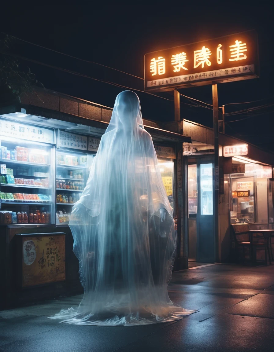 (best quality,highres:1.2),ultra-detailed,realistic:1.37,a transparent ghost in midnight convenience store,desolate,loneliness,darkness,barren land,eerie,mysterious,dreadful,ominous,haunting,dreary,uninhabited,(((dark sky)))，photo of a transparent ghost，Gothic Dark Art,midnight,It was pitch black all around,Mystery Convenience Store,Dark City,,desolate,Strange,mystery,Gothic,