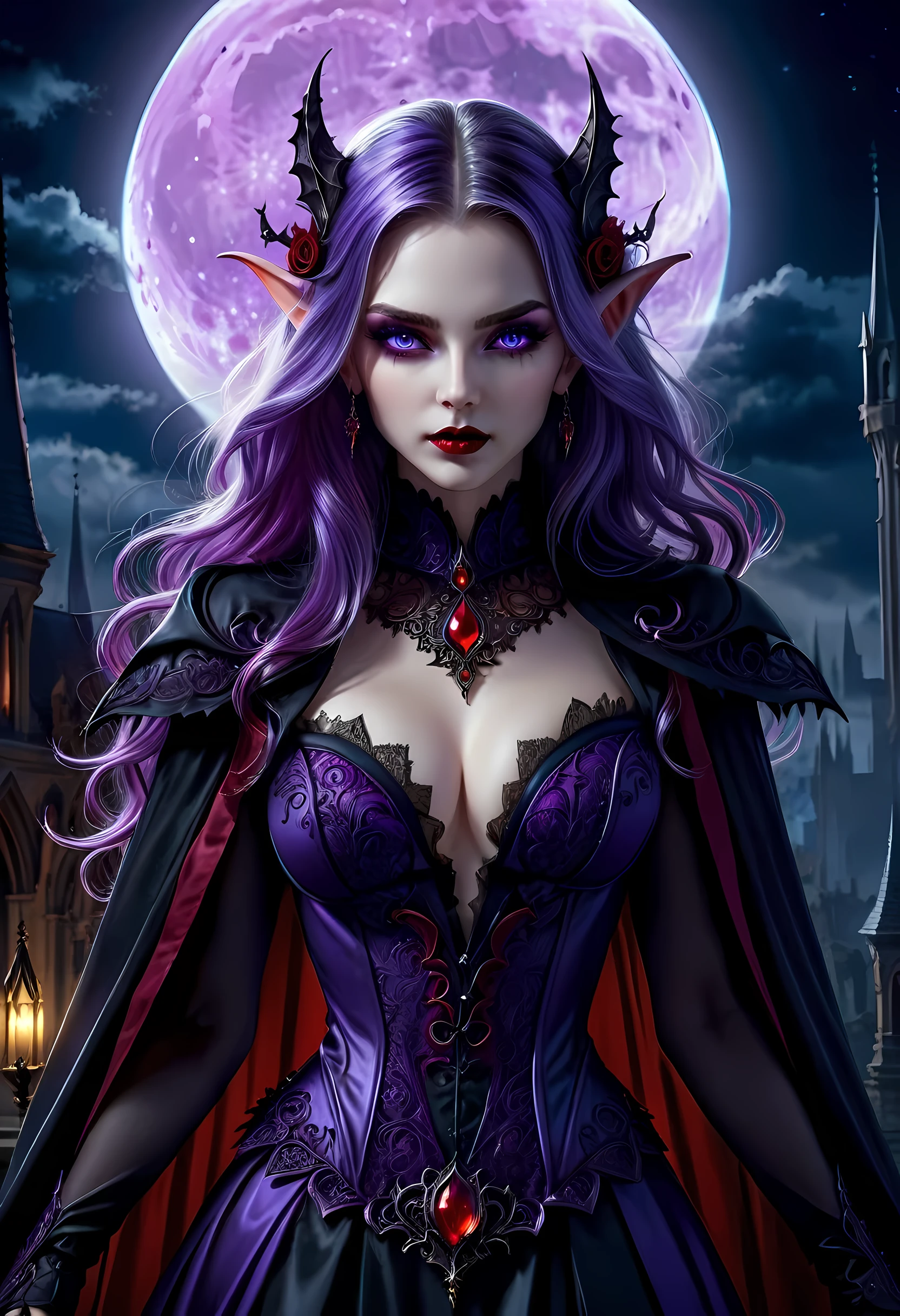 fantasy art, gothic art, (masterpiece:1.5), full body best details, highly detailed, best quality, Glowing Purple, highres, full body portrait of a vampire, elf (Masterpiece, best quality: 1.6), ultra feminine, wizard, (intricate details, Masterpiece, best quality: 1.5) with a long curvy hair, light color hair, blue eyes, (fantasy art, Masterpiece, best quality), ((beautiful delicate face)), Ultra Detailed Face (intricate details, fantasy art, Masterpiece, best quality: 1.5), [[vampiric fangs 1.5]] (red cloak: 1.3) , flowing cloak (intricate details, fantasy art, Masterpiece, best quality: 1.3), wearing an intricate black dress (intricate details, fantasy art, Masterpiece, best quality: 1.5), high heeled boots, urban background (intense details, beat details), fantasy, at night light, natural ,moon light, clouds, gothic atmosphere, soft light, dynamic light, [[anatomically correct]], high details, best quality, 8k, [ultra detailed], masterpiece, best quality, (extremely detailed), dynamic angle