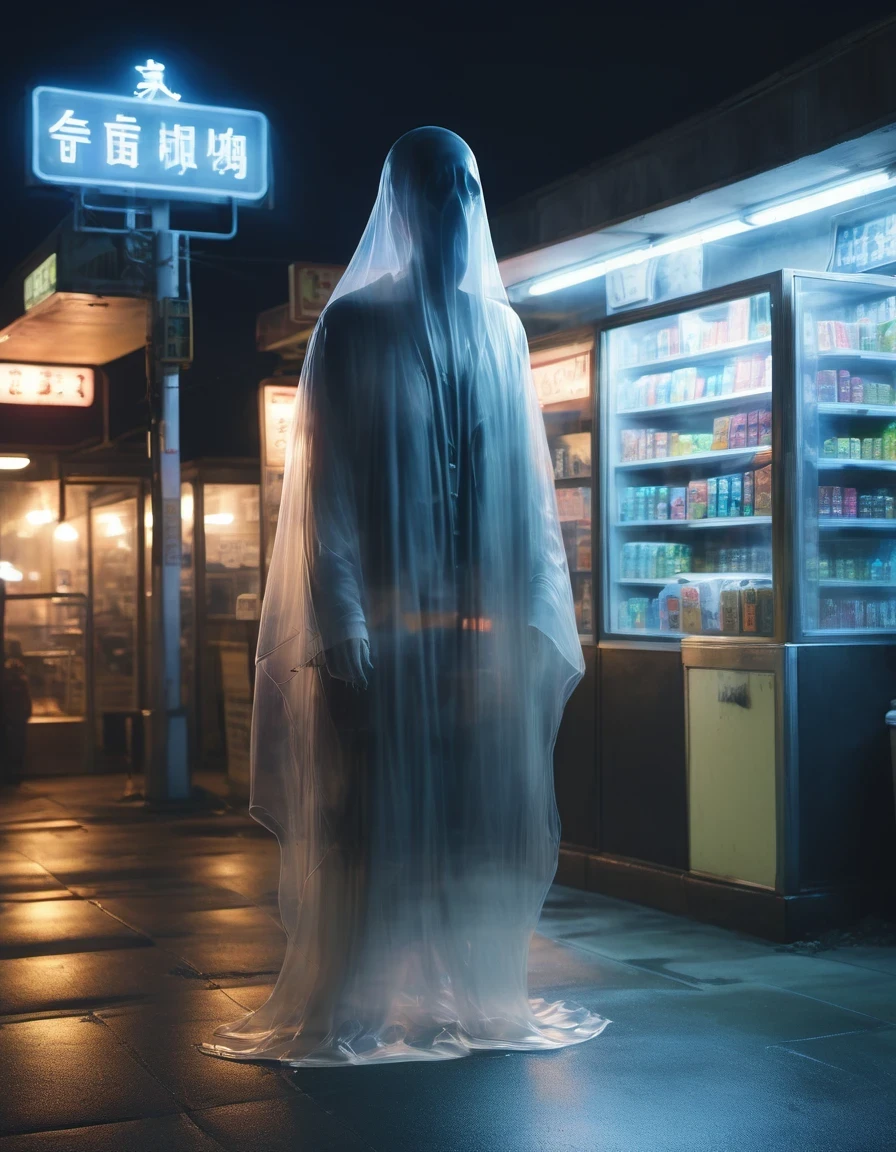 (best quality,highres:1.2),ultra-detailed,realistic:1.37,a transparent ghost in midnight convenience store,desolate,loneliness,darkness,barren land,eerie,mysterious,dreadful,ominous,haunting,dreary,uninhabited,(((dark sky))),photo of a transparent ghost,Gothic Dark Art,midnight,It was pitch black all around,Mystery Convenience Store,Dark City,,desolate,Strange,mystery,Gothic,