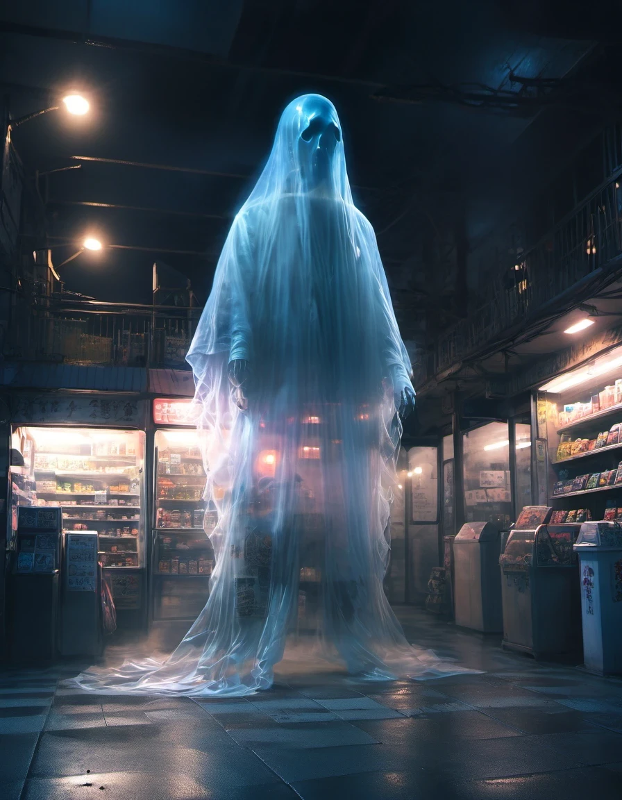 (best quality,highres:1.2),ultra-detailed,realistic:1.37,a transparent ghost in midnight convenience store,desolate,loneliness,darkness,barren land,eerie,mysterious,dreadful,ominous,haunting,dreary,uninhabited,(((dark sky)))，photo of a transparent ghost，Gothic Dark Art,midnight,It was pitch black all around,Mystery Convenience Store,Dark City,,desolate,Strange,mystery,Gothic,