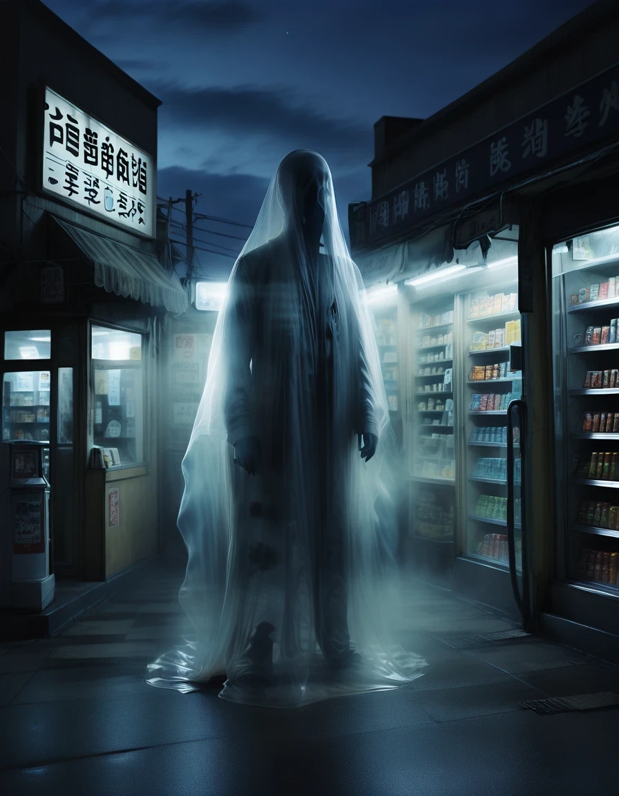 (best quality,highres:1.2),ultra-detailed,realistic:1.37,a transparent ghost in midnight convenience store,desolate,loneliness,darkness,barren land,eerie,mysterious,dreadful,ominous,haunting,dreary,uninhabited,(((dark sky))),photo of a transparent ghost,Gothic Dark Art,midnight,It was pitch black all around,Mystery Convenience Store,Dark City,,desolate,Strange,mystery,Gothic,