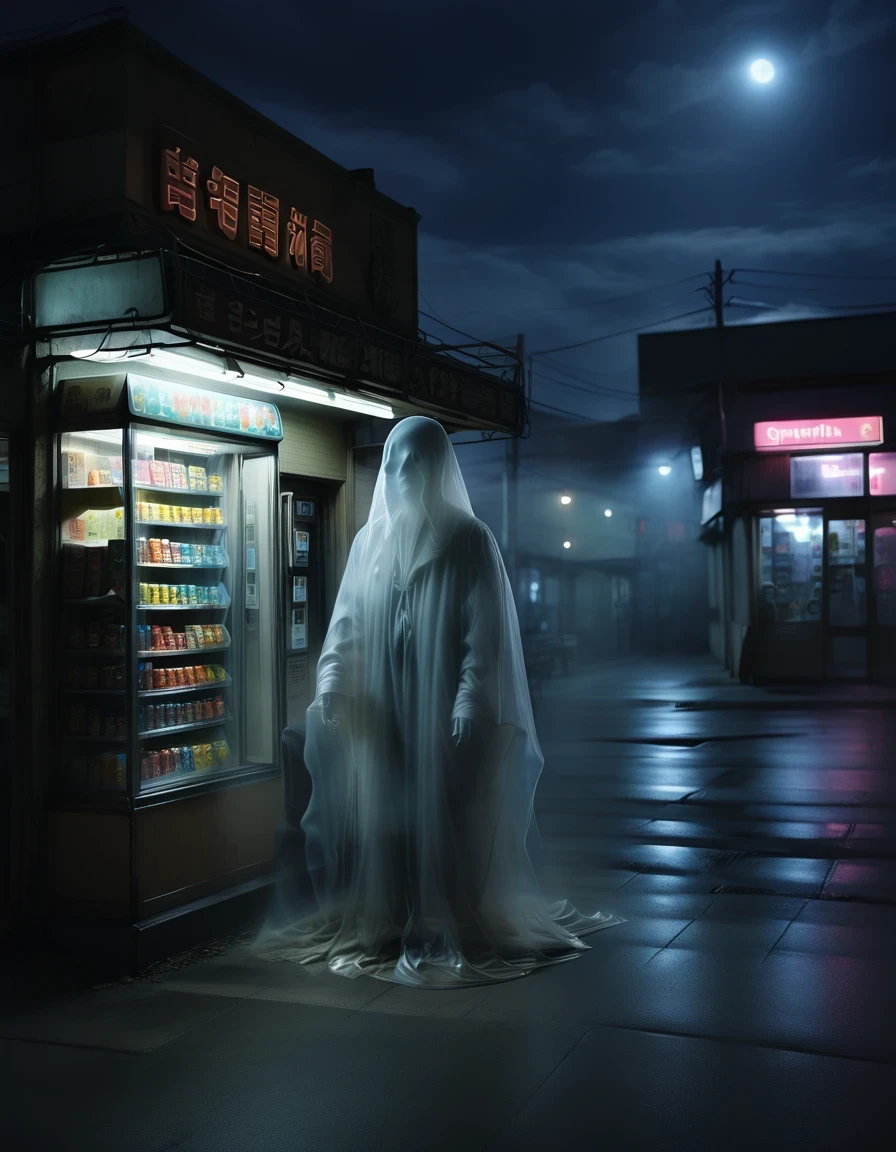 (best quality,highres:1.2),ultra-detailed,realistic:1.37,a transparent ghost in midnight convenience store,desolate,loneliness,darkness,barren land,eerie,mysterious,dreadful,ominous,haunting,dreary,uninhabited,(((dark sky))),photo of a transparent ghost,Gothic Dark Art,midnight,It was pitch black all around,Mystery Convenience Store,Dark City,,desolate,Strange,mystery,Gothic,