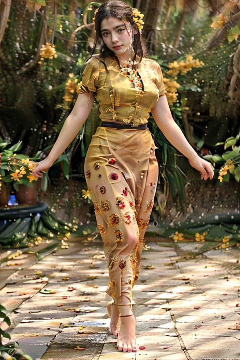 Burma's long-lasting body is full of sensuality, and the beauty of the body outline is too revealing. The long skirt she wears highlights her high hips. The beauty under the dress is so beautiful that the eye can see. She wears bright yellow flowers, smiles and water.