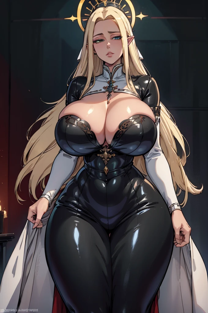 Unohana Yachiru (Bleach),Noble Elf Woman,adult women,Queen, Queen, elegant,elegant,(eyelashes), Curvaceous, (masterpiece, のficial art),(mature woman),alone,elegant face,blonde, green eyes,long hair,( mature woman, sensual),超perfect bodyカーブ,(big breasts:1.5),(((((huge breasts))))), saggy breasts, Plump, (((wide hips, thick thighs))),perfect body,looking at the viewer,looking down,(whole body),fascinating, Attractive clothing,Huge shining halo, Royal Dresses,tall,Simple red background,Dressed up,huge ,huge ass,(shiny), whole bodyに光沢,High resolution, Highly detailed 8K,highest quality,cg,information,