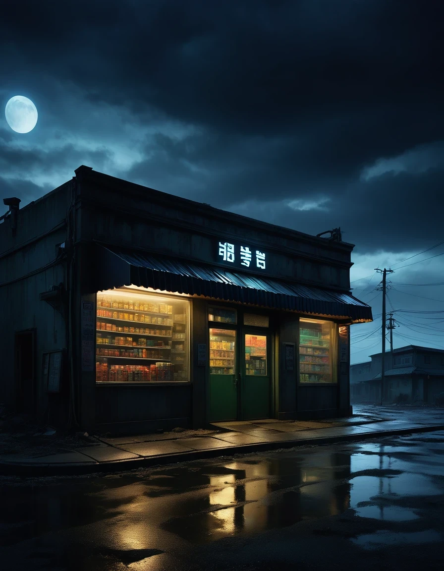 (best quality,highres:1.2),ultra-detailed,realistic:1.37,midnight convenience store,desolate,loneliness,darkness,barren land,eerie,mysterious,dreadful,ominous,haunting,dreary,uninhabited,(((dark sky))),Gothic Dark Art,midnight,It was pitch black all around,Mystery Convenience Store,Dark City,,desolate,Strange,mystery,Gothic,