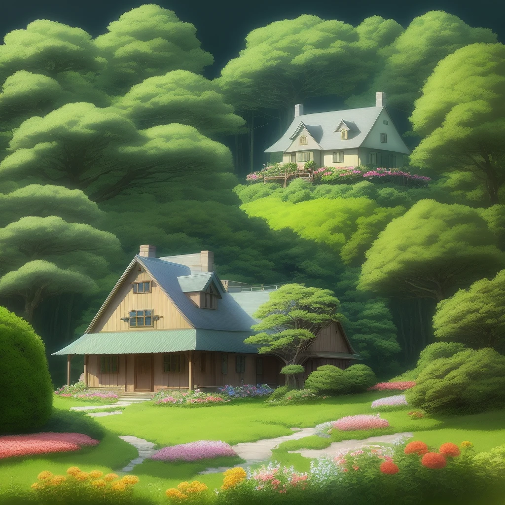 Create animation ghibli studio image of a house kissed by daylight grace in the middle of forest and a lot of flower. 