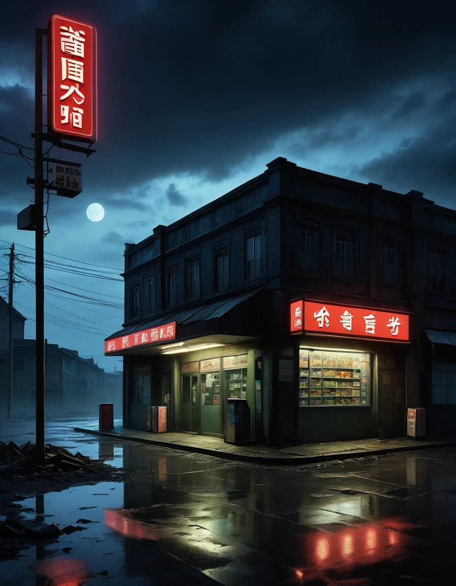 (best quality,highres:1.2),ultra-detailed,realistic:1.37,midnight convenience store,desolate,loneliness,darkness,barren land,eerie,mysterious,dreadful,ominous,haunting,dreary,uninhabited,(((dark sky))),Gothic Dark Art,midnight,It was pitch black all around,Mystery Convenience Store,Dark City,,desolate,Strange,mystery,Gothic,