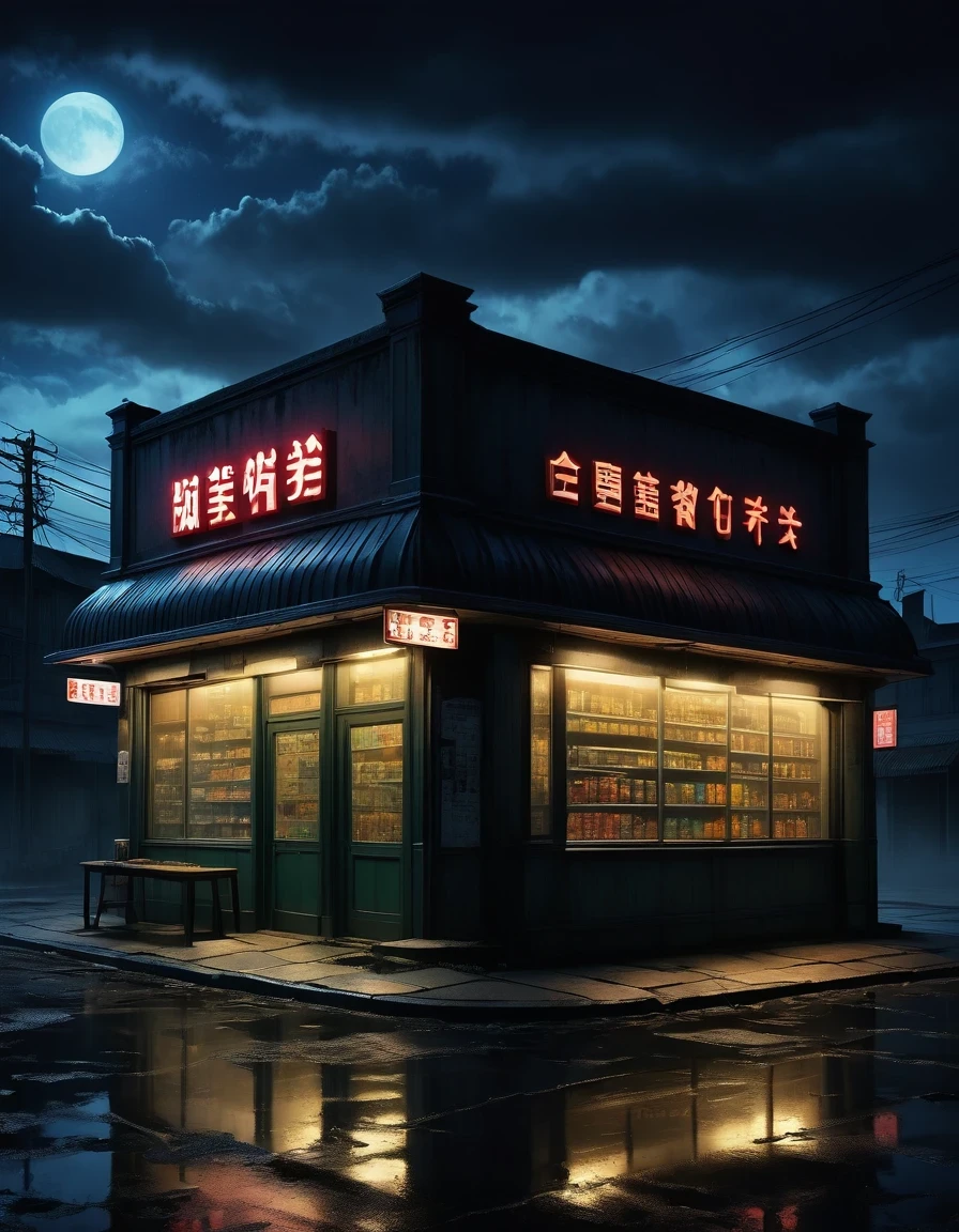 (best quality,highres:1.2),ultra-detailed,realistic:1.37,midnight convenience store,desolate,loneliness,darkness,barren land,eerie,mysterious,dreadful,ominous,haunting,dreary,uninhabited,(((dark sky))),Gothic Dark Art,midnight,It was pitch black all around,Mystery Convenience Store,Dark City,,desolate,Strange,mystery,Gothic,