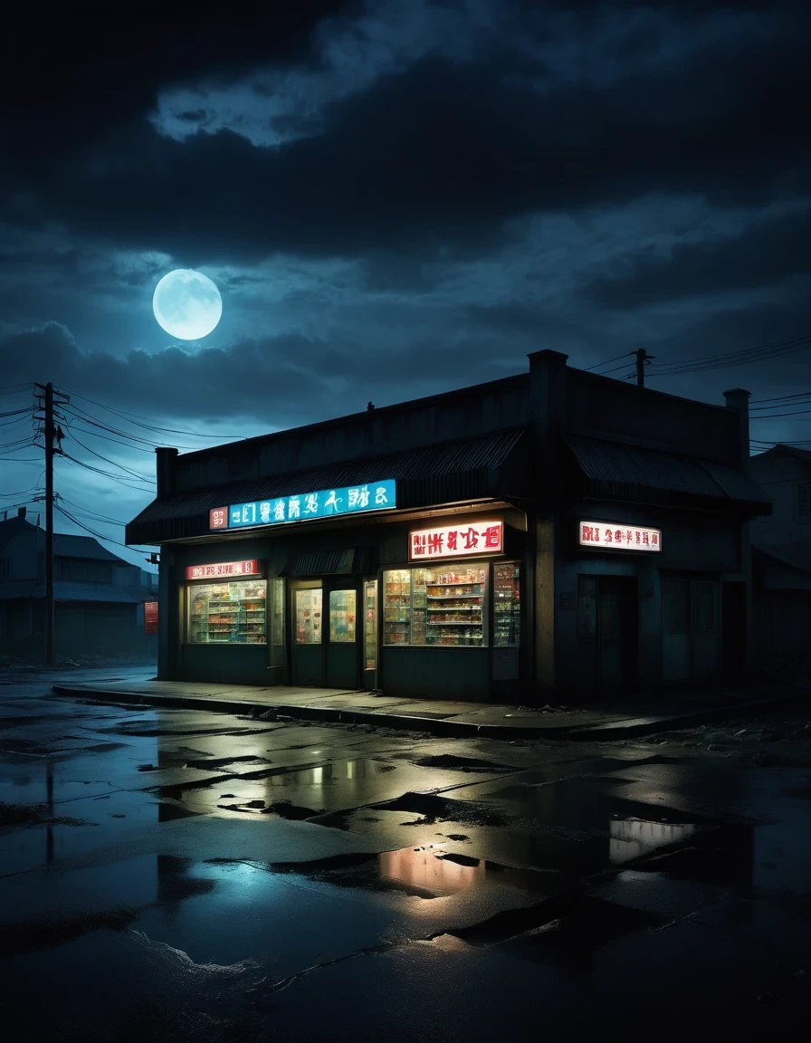 (best quality,highres:1.2),ultra-detailed,realistic:1.37,midnight convenience store,desolate,loneliness,darkness,barren land,eerie,mysterious,dreadful,ominous,haunting,dreary,uninhabited,(((dark sky))),Gothic Dark Art,midnight,It was pitch black all around,Mystery Convenience Store,Dark City,,desolate,Strange,mystery,Gothic,