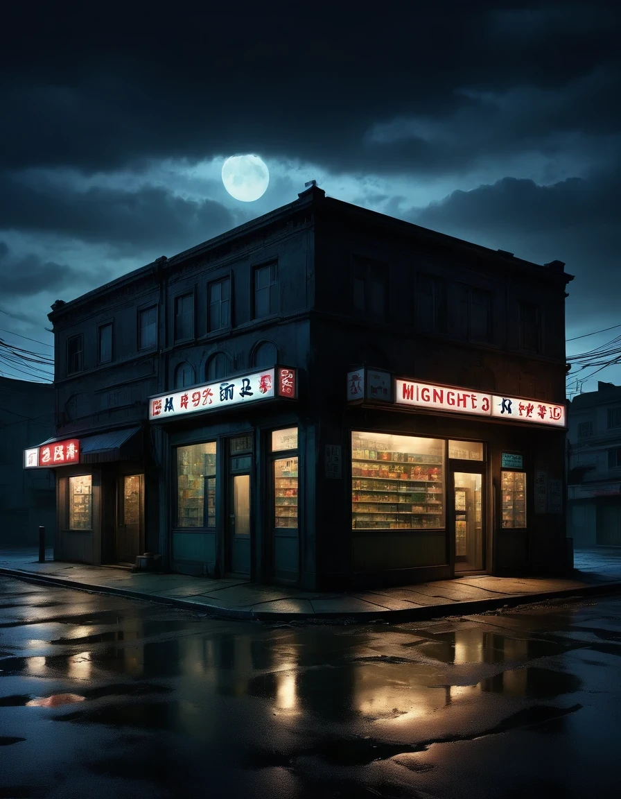 (best quality,highres:1.2),ultra-detailed,realistic:1.37,midnight convenience store,desolate,loneliness,darkness,barren land,eerie,mysterious,dreadful,ominous,haunting,dreary,uninhabited,(((dark sky))),Gothic Dark Art,midnight,It was pitch black all around,Mystery Convenience Store,Dark City,,desolate,Strange,mystery,Gothic,