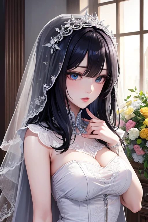 masterpiece, masterpiece_portrait, distinct, distinct_image, high_resolution, highres, high_quality_anime, high_quality, hyper_detail, finely_detailed,4K, YUJU, GFRIEND, KPOP , Wedding Dress, sexy body, ((black hair)), blue eyes, wedding veil, bouquet