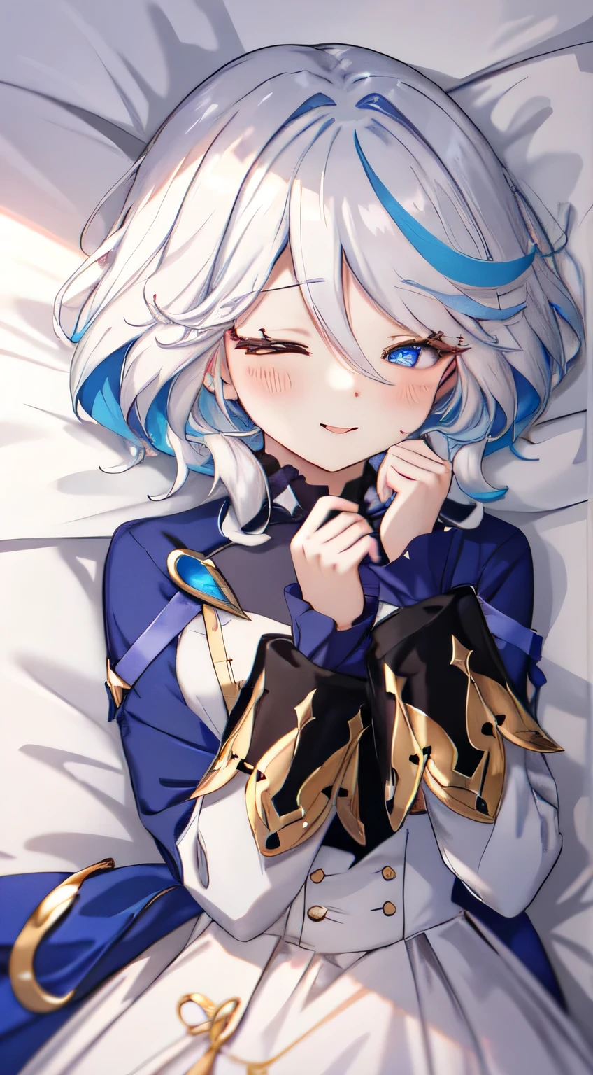 masterpiece, best quality, Gollens, 4K resolution, Minimalism, 1 girl,alone, , Forina, White style, nature, Cute eyes, short hair, Decorate hair, white hair, white dress, have, blush, Smile, Close your eyes tightly, shy，Lying in bed，Ray tracing，Look at it from above