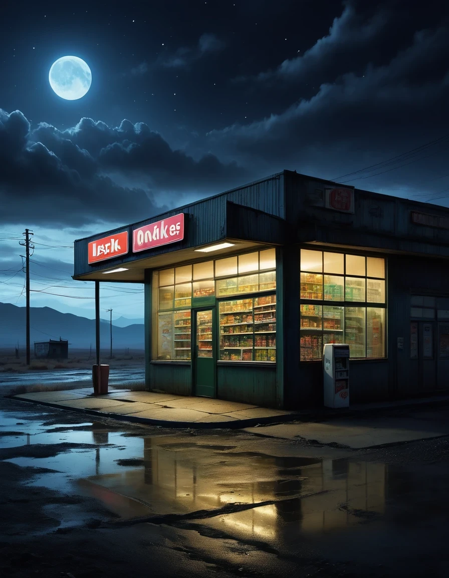 (best quality,highres:1.2),ultra-detailed,realistic:1.37,midnight convenience store,desolate,loneliness,darkness,barren land,eerie,mysterious,dreadful,ominous,haunting,dreary,uninhabited,(((dark sky)))