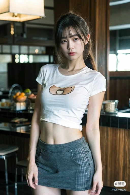(film grain),dusk,full body portrait,(((original photo))),A sexy girl works at a counter in a cafe、The body shape of 34-26-36 is an hourglass shape、Perfect body、(Designer T-shirts、short skirt、stripe、pattern、pattern:1.5),rim light, clavicle, beautiful face,tattoos on the arms,belly button,wide hips, slender waist,(((long legs))),Idol, depth of field, tilt, reflective,lifelike, ultra high resolution, high quality,soft light,best quality,masterpiece,8K,Super real,(film grain, Color difference, sharp focus, in the darkness, deep shadow, low profile, cold light, sexy look). portrait style, Leica camera quality, digital SLR, soft light, high quality, Fuji XT3, afternoon sun、 Close to her, Skin peach fuzz and pore details, Radiant、#100: Natural Golden Blonde Ponytail, A hint of smile、 intimate relaxed style photoshoot, Camera reveals more about her surroundings, reveal the deepest shadows, Every texture is clear and delicate,