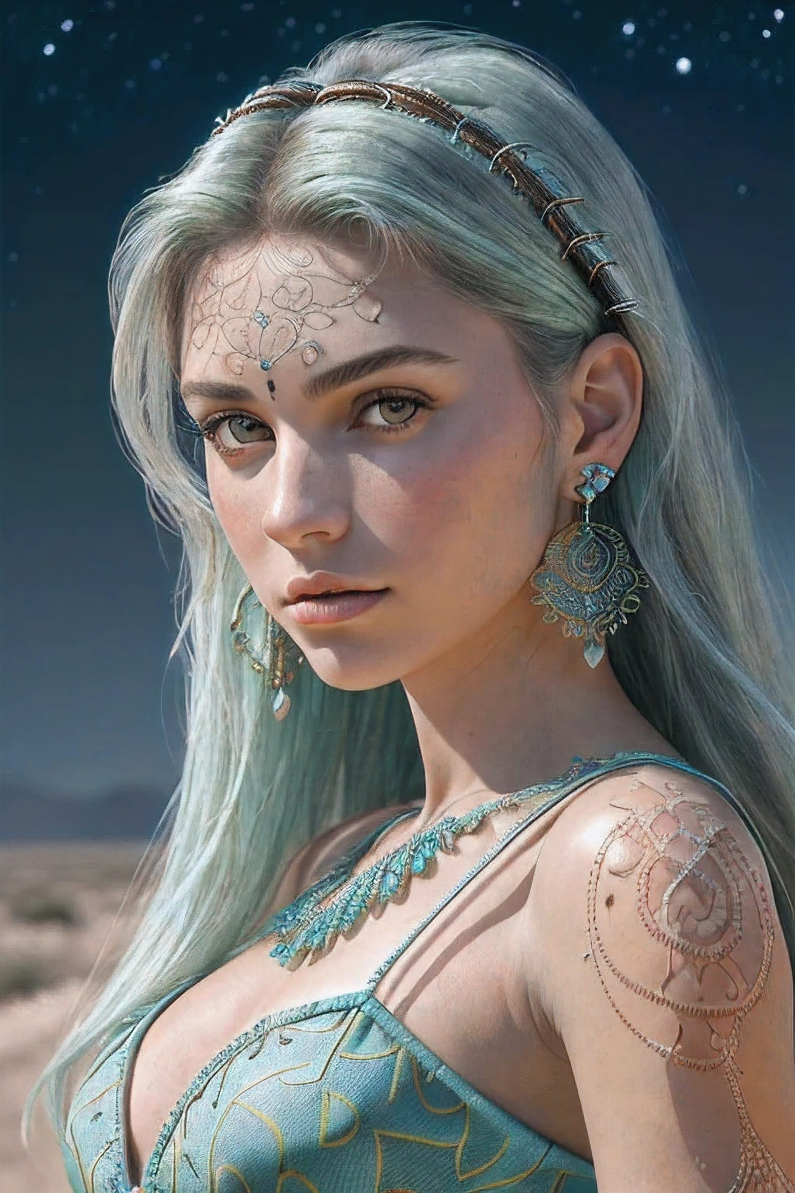 Ultra realistic 8K CG masterpiece, ((ultra-detailed background with delicate pattern and intricate detail: 1.3)), best quality, photorealistic rendering (1.4), beautiful lighting, absorbent shadows, RAW photo, film grain texture, ((medium-sized breasts, slim figure)), long flowing hair, 1 subject, horns (red, curled, with hair ornaments and hoop earrings), multi-colored horns, exquisite jewelry and earrings, Brazilian clothes (sleeveless, revealing bare shoulders), aqua hair with sidelocks, close-up portrait, complex-detailed background (night time, barren land, moonlit portrait