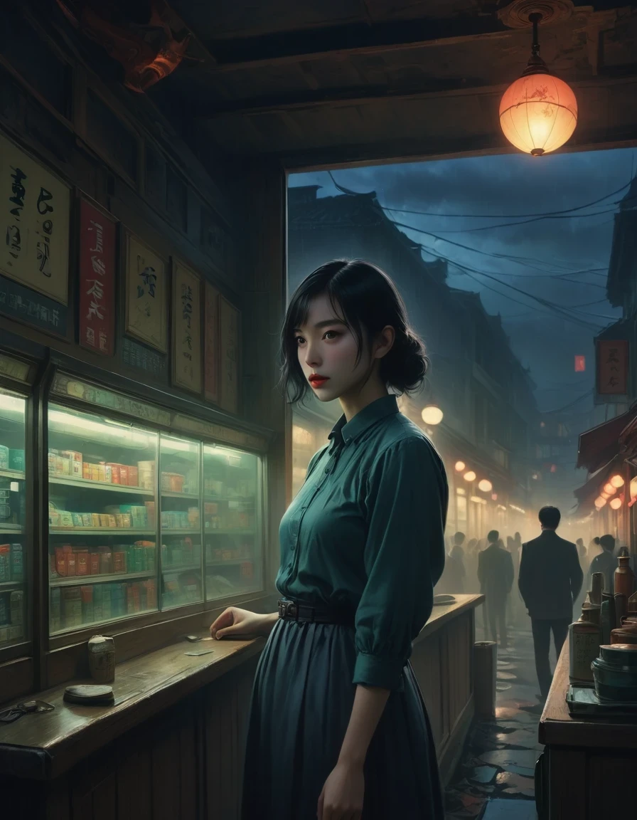 (Midnight convenience store)、(((The dark sky)))、(The scenery of desolate)、(Lonely)、(desolate)、(fear)、(weird)、(mystery)、(dark)、(best picture quality,4K,8K,high resolution,masterpiece:1.2)、(Super detailed)、(lifelike,super lifelike,lifelike:1.37)、HDR、UHD、(studio lighting)、(bright colors)、(concept artist)、(Sinister Shadow)、(Abandoned atmosphere)、(Eerily silence)、(An unsettling existence)、(Smoggy air)、(Mystery's silhouette)、(Feeling of uneasiness)、(Isolated building)、(Empty shelves)、(Shabby curtains)、(Weird light)、(Ominous mist)、(Forgotten Items)、(Vintage cash registers)、(Broken windows)、(Strange sounds echoed)、(Hidden secrets)、(pastel tones)、(surreal atmosphere)、(Distant footsteps)、(The atmosphere of mystery)、(An unsettling silence)。