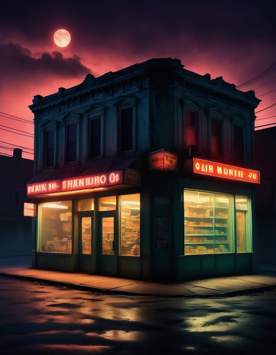 (a midnight convenience store), (pitch-black sky), (desolate landscape), (loneliness), (desolation), (horror), (eerie), (mysterious), (dark), (best quality,4k,8k,highres,masterpiece:1.2), (ultra-detailed), (realistic,photorealistic,photo-realistic:1.37), HDR, UHD, (studio lighting), (vivid colors), (concept artists), (sinister shadows), (flickering fluorescent lights), (abandoned atmosphere), (creepy silence), (haunting presence), (smoky air), (mysterious silhouette), (uneasy feeling), (isolated building), (empty shelves), (tattered curtains), (moonlight casting eerie glow), (ominous fog), (glowing neon sign), (forgotten objects), (old-fashioned cash register), (broken windows), (strange noises echoing), (hidden secrets), (muted tones), (surreal ambiance), (distant footsteps), (air of mystery), (uncanny stillness).