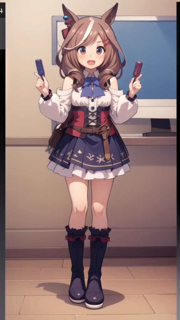 1 girl, alone, smile, open your mouth,, full body, holding, boots, room, 1 girl, masterpiece, expensive quality, very_expensive_solve, big_file size, full color, 2024\(style\), anime, anime_screen cap, animeーション化された gif, mp4 ,video, animeーション化された,masterpiece, highest quality, Matikane Tannhauser (umamusume) | Umamusume | Machikanetanhuiza (Uma Musume)