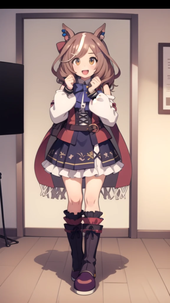 1 girl, alone, smile, open your mouth,, full body, holding, boots, room, 1 girl, masterpiece, expensive quality, very_expensive_solve, big_file size, full color, 2024\(style\), anime, anime_screen cap, animeーション化された gif, mp4 ,video, animeーション化された,masterpiece, highest quality, Matikane Tannhauser (umamusume) | Umamusume | Machikanetanhuiza (Uma Musume)