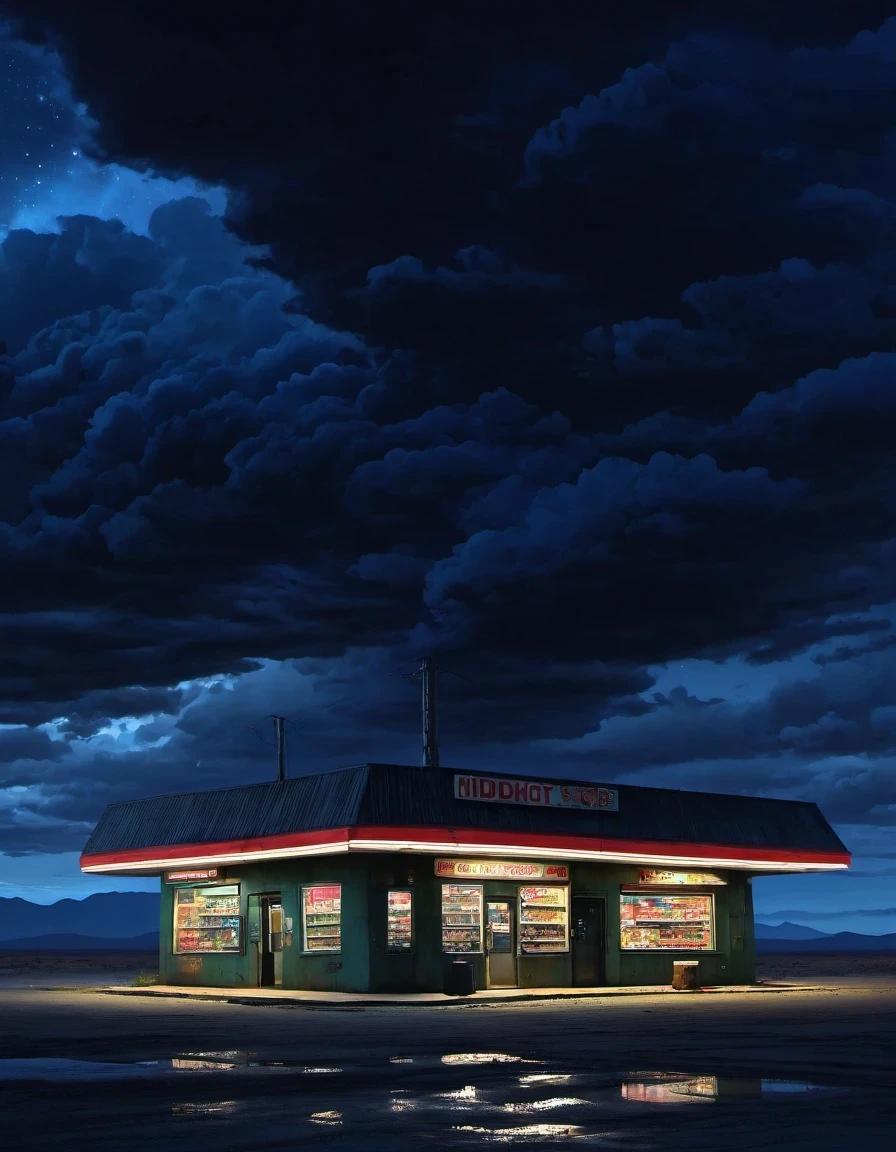 Midnight convenience store,Pitch black sky,Wasteland,,desolate,fear,Weird,mystery,dark
