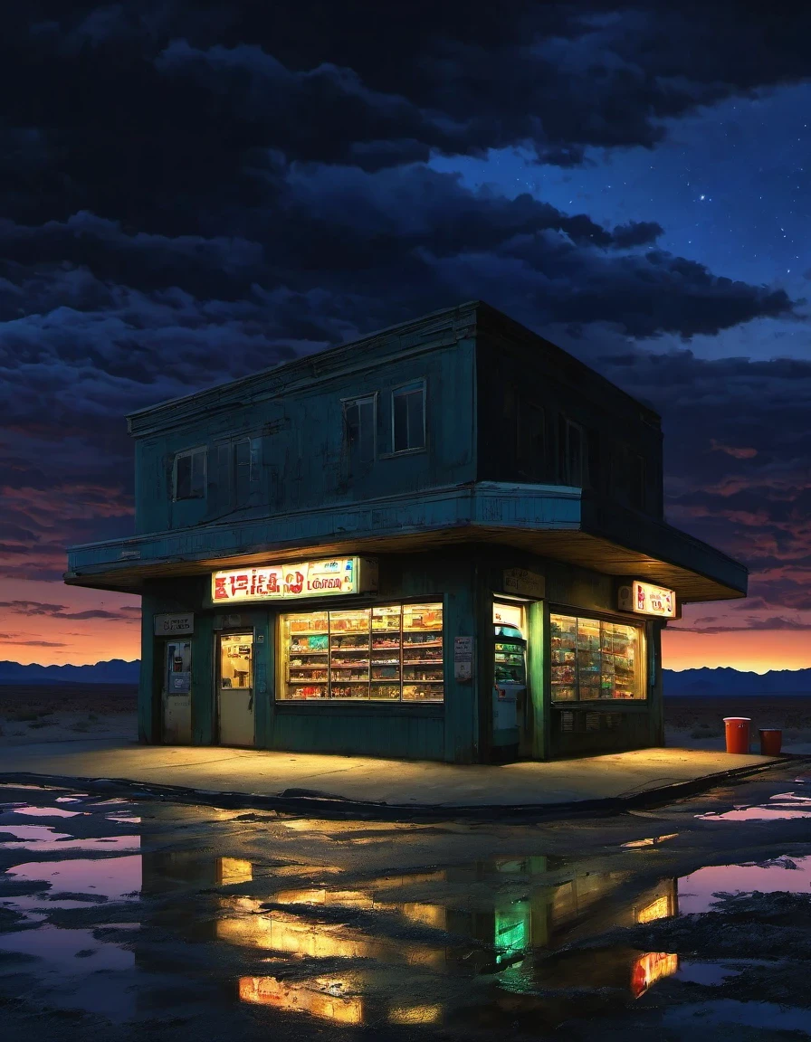 Midnight convenience store,Pitch black sky,Wasteland,,desolate,fear,Weird,mystery,dark