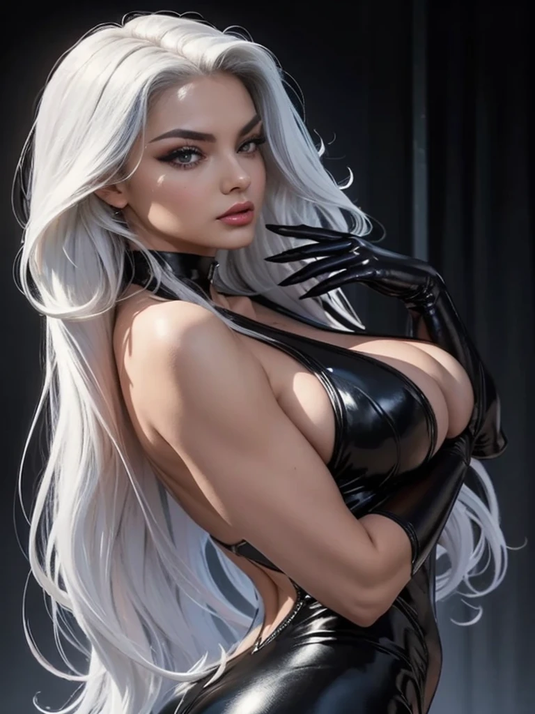 black cat,beautiful face,protruding breasts,white long hair,detailed fur texture,sharp focus,piercing eyes,intense gaze,delicate whiskers,elegant posture,mysterious aura,high contrast,soft shadows,vibrant colors,artistic rendering,realistic painting style,nighttime scenery,moonlight illumination,sleek physique,graceful movements,curved tail,intense expression,hidden secrets,mesmerizing presence,attention to details,photorealistic details,subtle highlights,darker tones,alluring beauty,sleek and shiny coat, frame,playful yet mysterious,engaging personality,intense connection,strong visual impact,stunning artwork,professional composition,high-resolution masterpiece,attention-grabbing,eye-catching composition,provocative and alluring,expressive and captivating gaze, platinum white hair, black mask